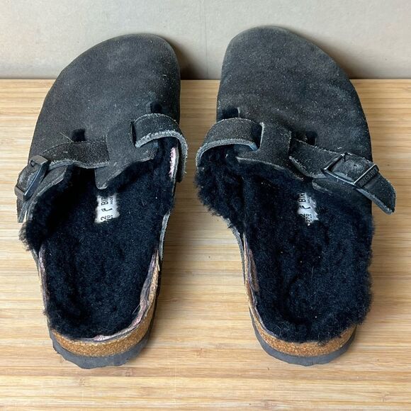 Birkenstock Suede Boston Black Shearling Size 42 US W 11 M 8 Clogs Slides